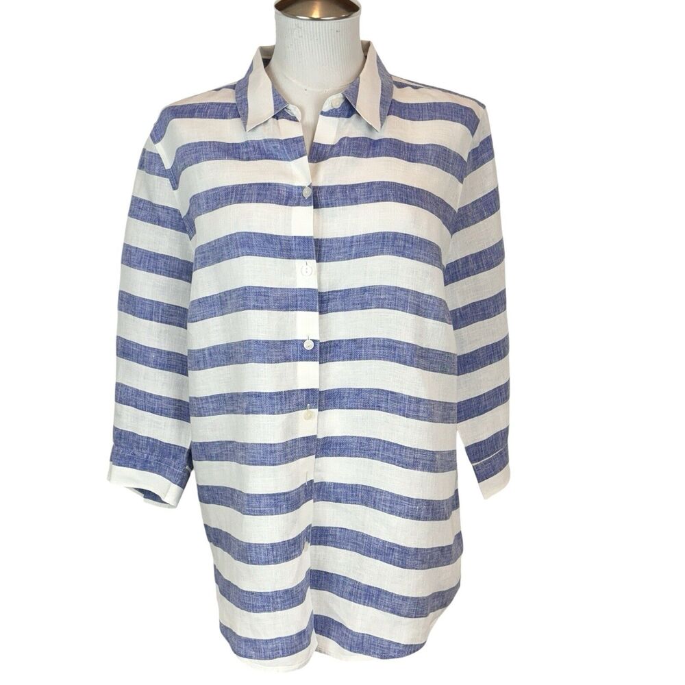 Chicos No Iron Linen Button Down Shirt Blouse. Sz‎ 2 / L Striped 3/4 Sleeve - Picture 3 of 11